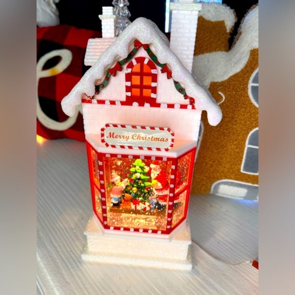 Merry Christmas Lighted Santa House Snow Globe Lantern 10.5” Glitter Swirl NWT
